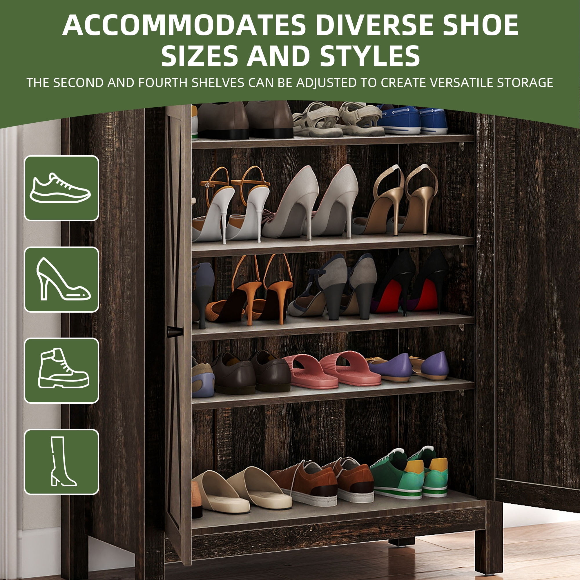 Uforic Farmhouse Shoe Cabinet with Door, 5-Tier Freestanding Shoe Organizer with Open Shelf
