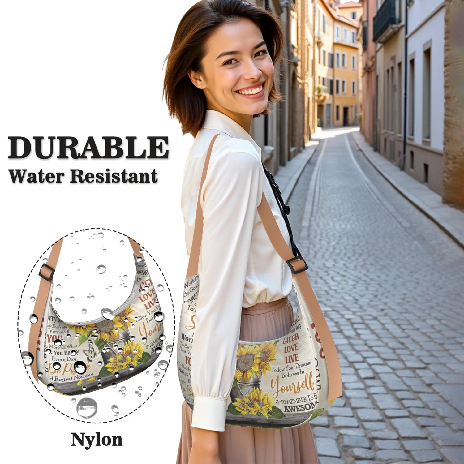 Casual Crossbody Purse for Women – Lightweight & Spacious, Boho Sunflower and Butterfly Floral Print, Rustic Vintage Country Style, Water-Resistant Durable Purse