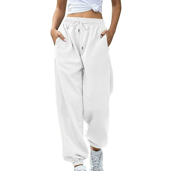 DeHolifer Cargo Pants Women, Women's Fashion Casual Solid Elastic Waist Trousers Long Straight Pants White L