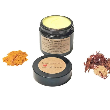 Organic Sandalwood Saffron Face Cream with Almond Oil and Healing Turmeric, Skin Moisturizer, Antioxidant Cream, Calming Cream, Night Cream, Anti Aging, All Ages and Skin Types - Vegan (1 oz)