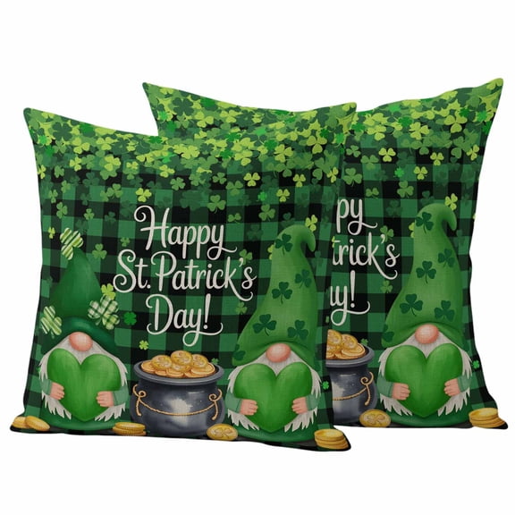 St. Patrick's Day Outdoor Waterproof Pillow Covers, Spring Lucky Shamrocks Green Gnomes Plaid Decorative Square Throw Pillowcase Sofa Cushion Sham for Patio/Couch/Chair, 16"x16" 2 Pack