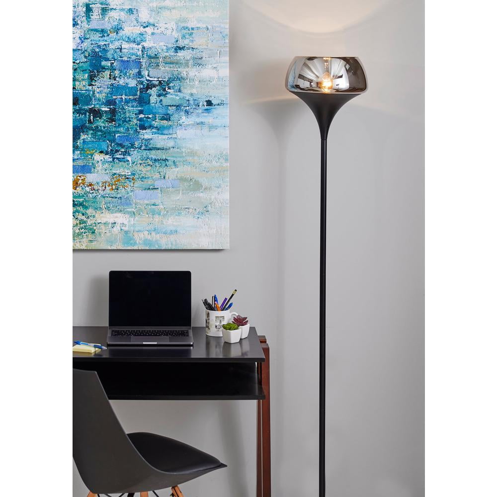 Eliza Torchiere Contemporary Floor Lamp with Black Metal and Smoked Mercry Glass Shade
