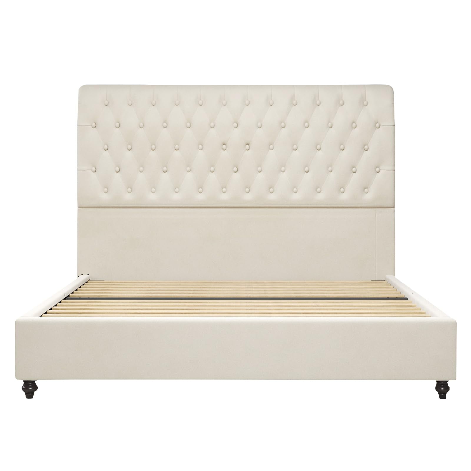 PLAUIN King Bed Frame with Sleigh and Button Tufted Headboard,Velvet Upholstered,Gream