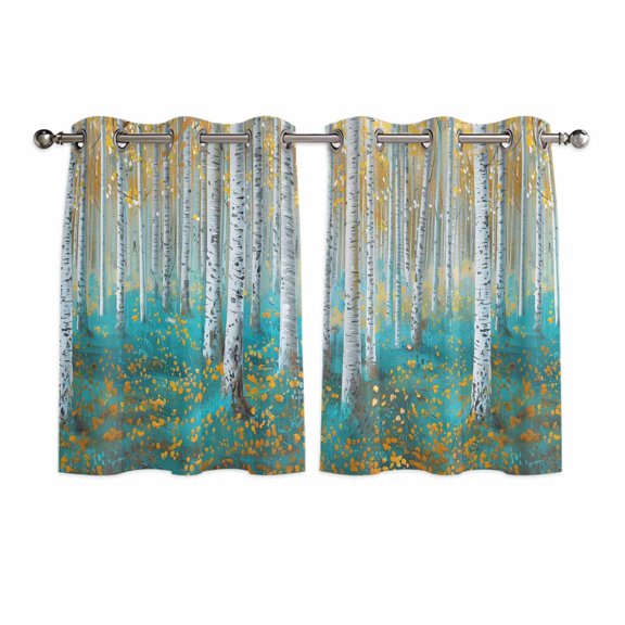 Teal Yellow Oil Painting Kitchen Curtains Short 45 Inch Length, Contemporary Abstract Art Grommet Top Bedroom Living Room Curtains, Light Filtering Cafe Curtain Drapes 2 Panels Set 84''x45''