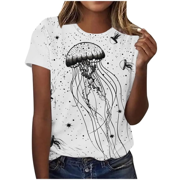 Tops de Ajuste Suelto para las Mujeres Sudadera Casual Impresa Manga Corta Cuello Redondo Superior, Poliéster