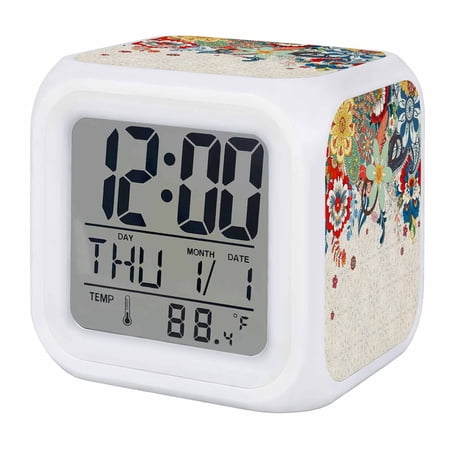 Alarm Clocks Boho Floral Digital Clock 7 Color LED Night Light Silent Non Ticking Battery Operated