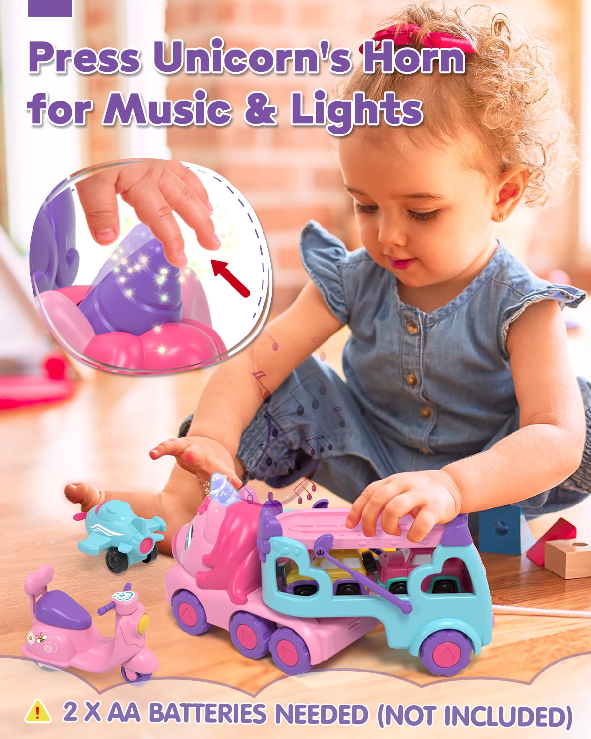 Toddler Girl Toys, 5-in-1 Toy Cars for Girls with Lights & Music, 2 Year Old Girl Toys, Unicorn Toys, Car Carrier Truck Toy, Toys for 1 2 3 Year Old Girls