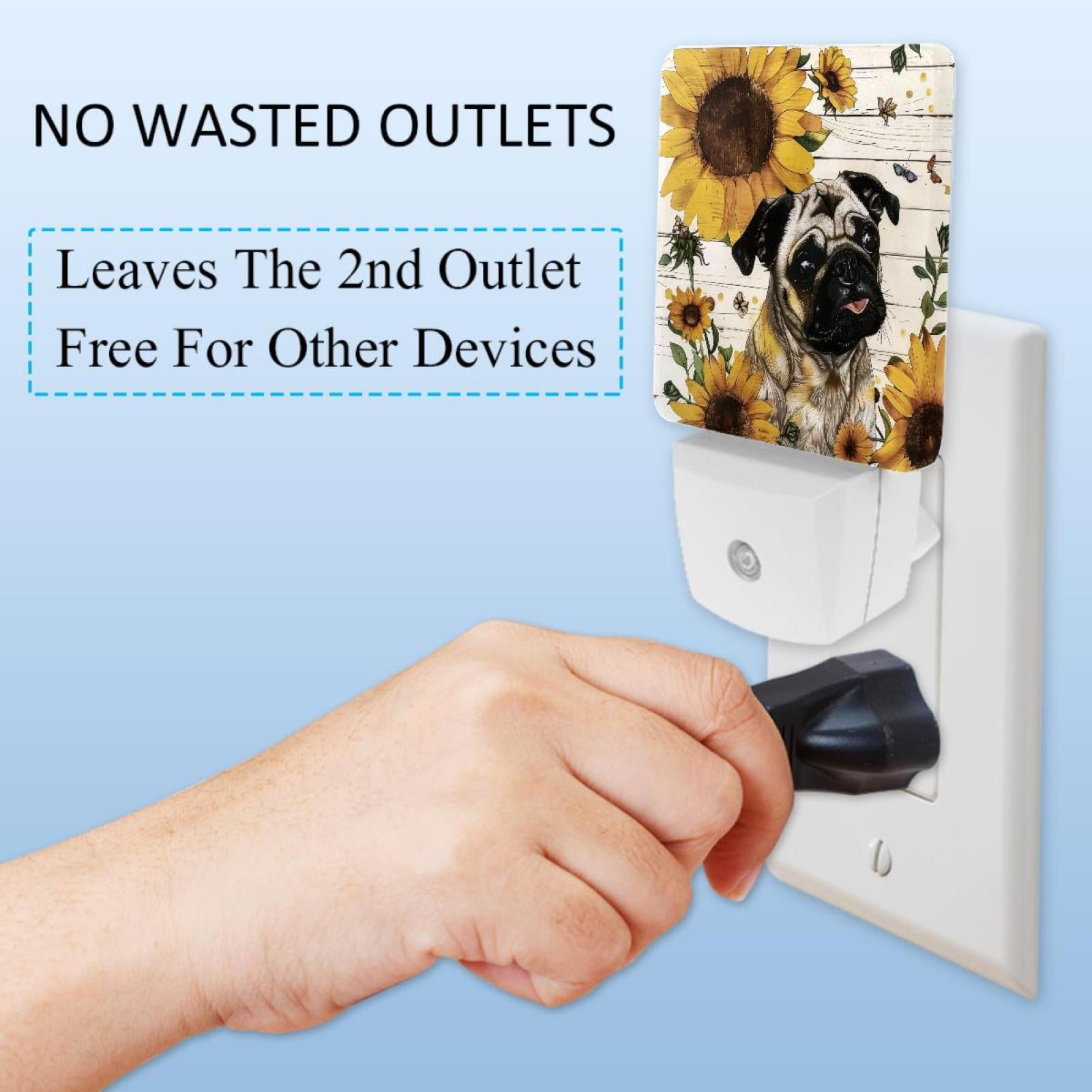 PhooArto Sunflower Pug Dog Wooden Board Plug in LED Night Light Auto Sensor Dusk to Dawn Decorative Night for Bedroom, Bathroom, Kitchen, Hallway, Stairs, Baby's Room, Energy Saving