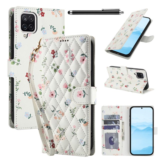 Wallet Case for Samsung Galaxy A12 , PU Leather Phone Cover Kickstand RFID Blocking Flip Case Card Slots Wrist Strap Relief Engraved Pattern Magnetic With Stylus Pen, Pink Flower