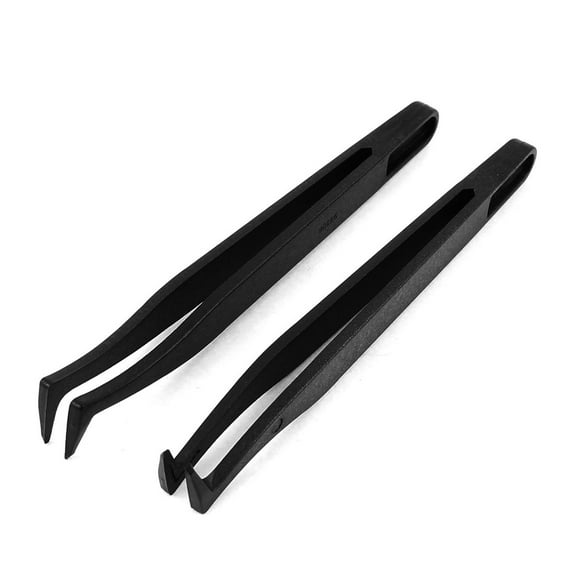 2 Pcs Plastic Curved Tip Black Anti Static Tweezer Nipper 12cm Length