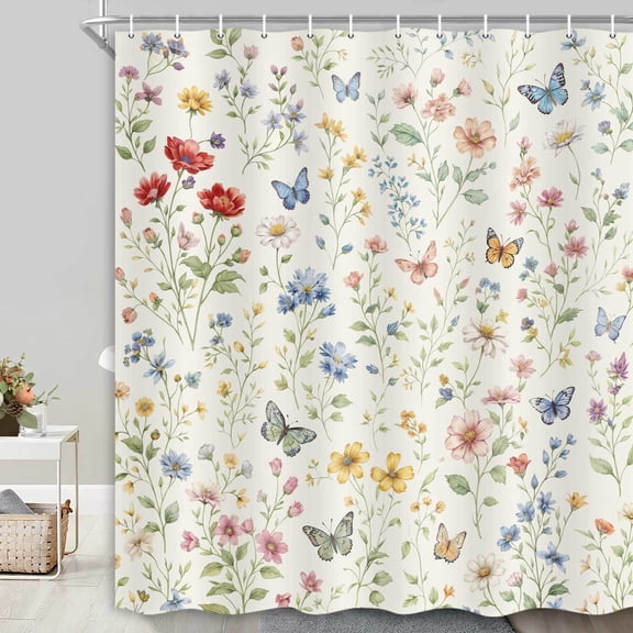 Small Stall Watercolor Floral Shower Curtain, Cute Elegant Peach Pink Flower Botanical Sage Green Leaves Spring Modern Minimalist Shower Curtain for Bathroom, Fabric Shower Curtain Set 36X72 Inch