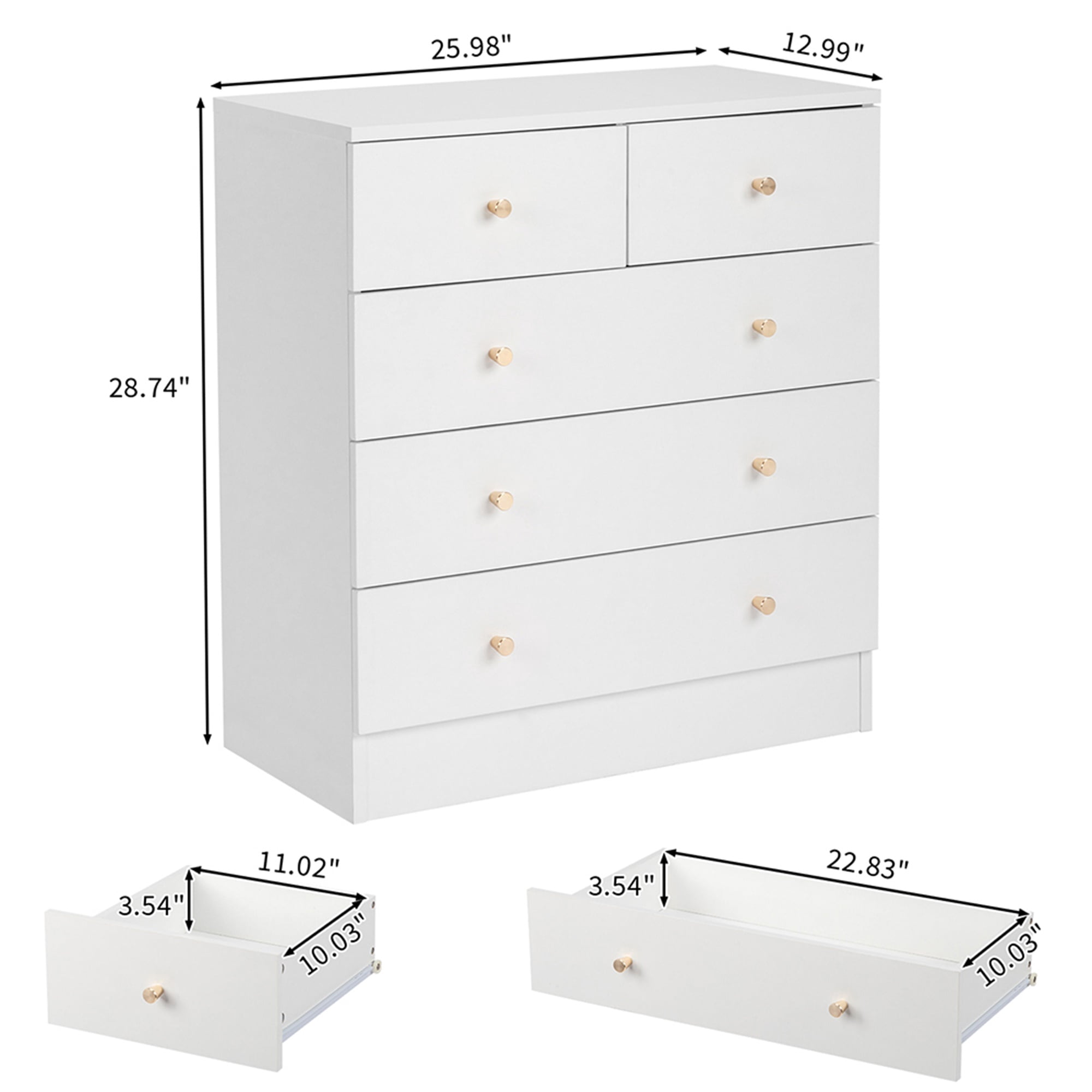 Kadyn Drawer Dresser, Four Layers and Five Drawers Chest of Drawers Matte Gold Handles, Storage Cabinet, White