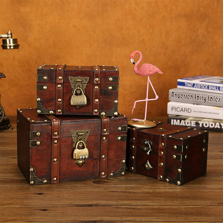 Vintage Wooden Treasure Chest, Treasure Storage Box With Love Lock
