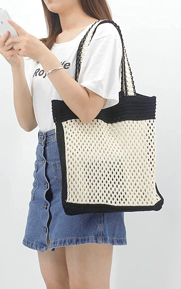 CoCopeaunts Summer Beach Bag, Women Hollow Knitted Bag Fashion Large Crochet Shopping Shoulder Bag Handbag Vacation Purse