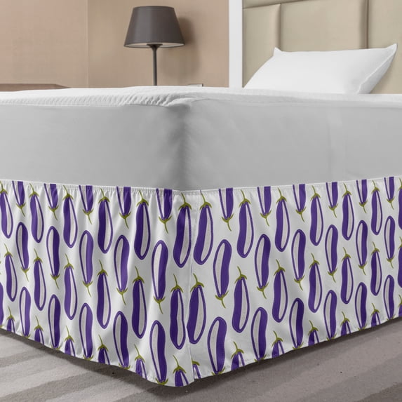 Vegetable Bed Skirt, Eggplants Illustration Harvest Organic Food Aubergine Print, Elastic Bedskirt Dust Ruffle Wrap Around for Bedding Decor, 4 Sizes, Blue Violet and Olive Green, by Ambesonne