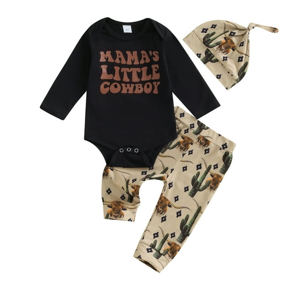 Baby Boys Pants Set, Long Sleeve Crew Neck Letters Print Romper with Cow Cactus Print Sweatpants and Hat Fall Outfit