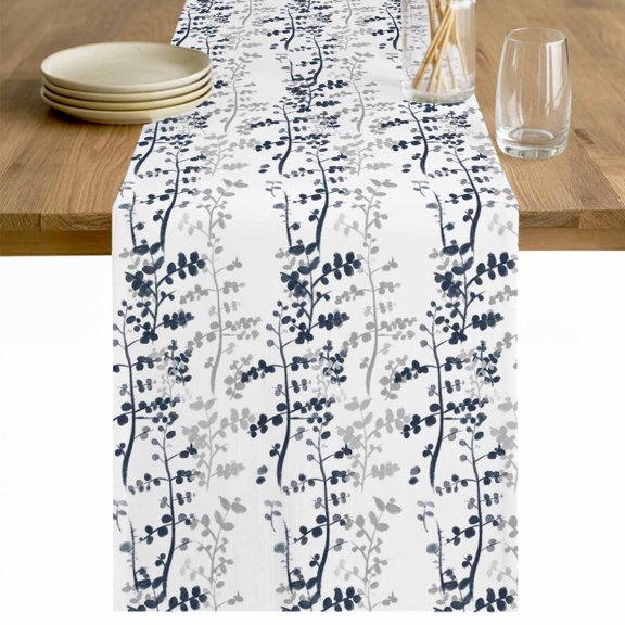 Dark Blue Grey Botanical Table Runner - 90 Inch Long Spring Floral Summer Farmhouse Cotton and Linen Blended Dress Scarves Farmhouse Table Runner for Kitchen Dining, Coffee Table, 13" x 90"