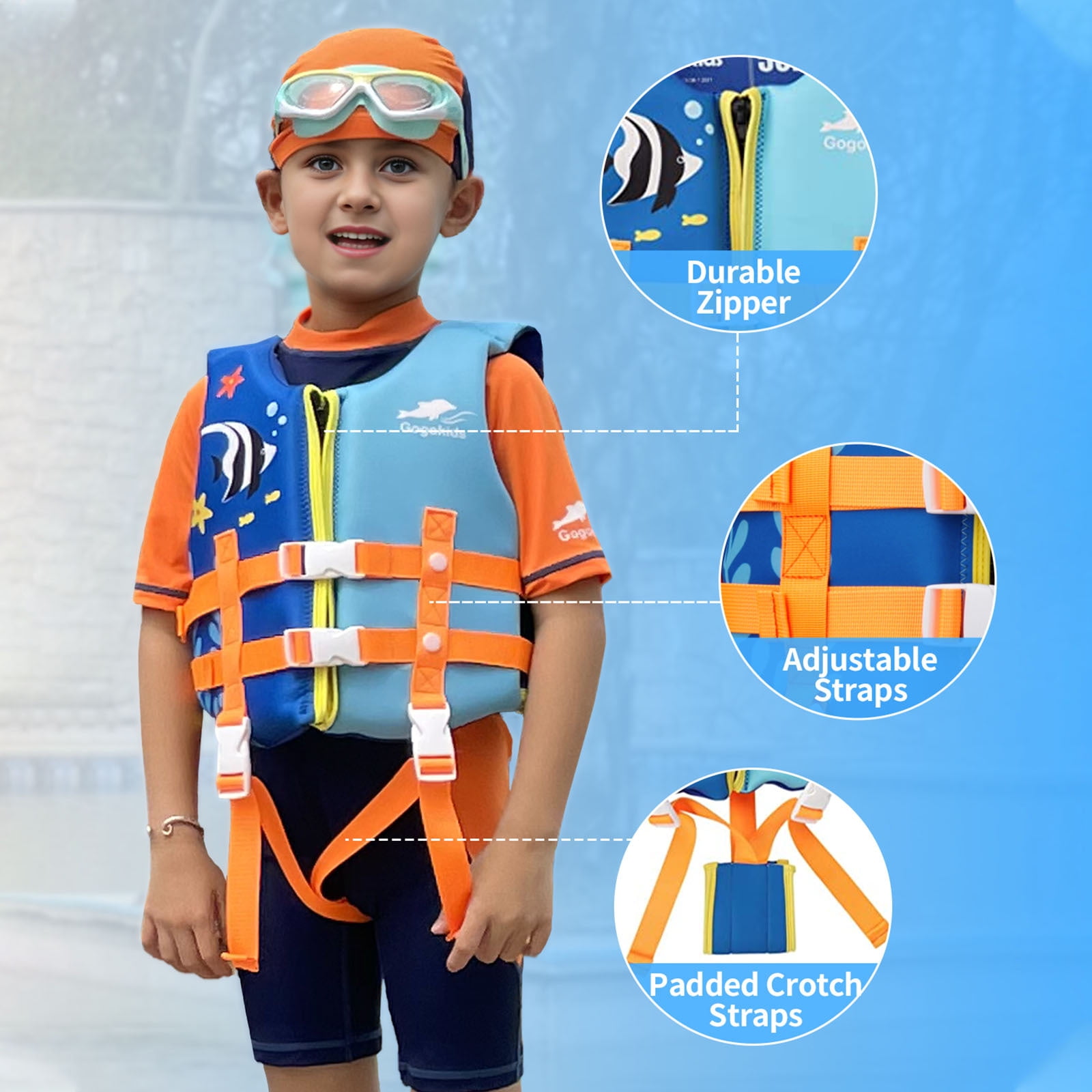 Gogokids Kids Life Jacket, Swim Vest Toddler Flotation Swimming Aid with Adjustable Safety Strap Bouyancy Swimwear,Blue Fish