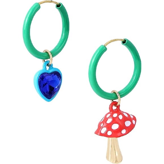 Betsey Johnson Mushroom and Heart Mismatched Charm Hoop Earrings with Goldtone Metal - Women's Jewelry