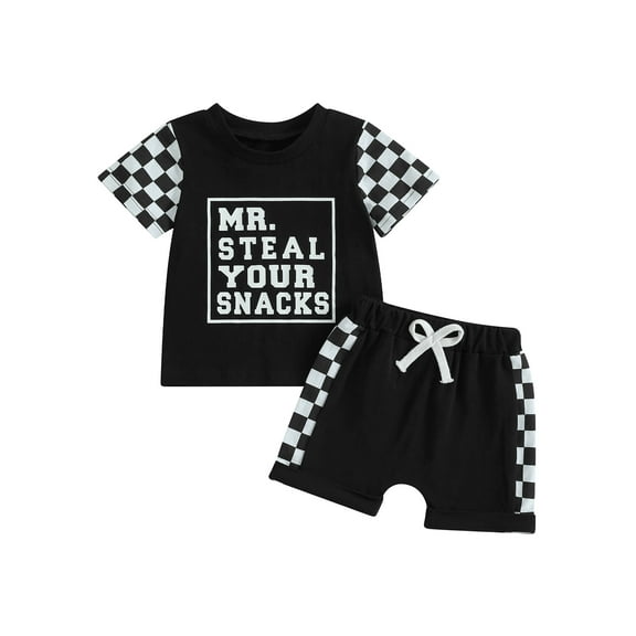 Baby Toddler Kids Boys Summer Shorts Sets 12 18 24 Months 2T 3T 4T 5T Short Sleeve O Neck Letter Checkerboard Print Tops and Shorts Outfits