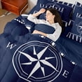 thumbnail image 5 of Manfei Minimalist Navy Compass Stripe Bedding Comforter Set for Kids Boys and Girls, Nautical Marine Print King Bedding Sets, Navy Reversible 7pcs, 5 of 6