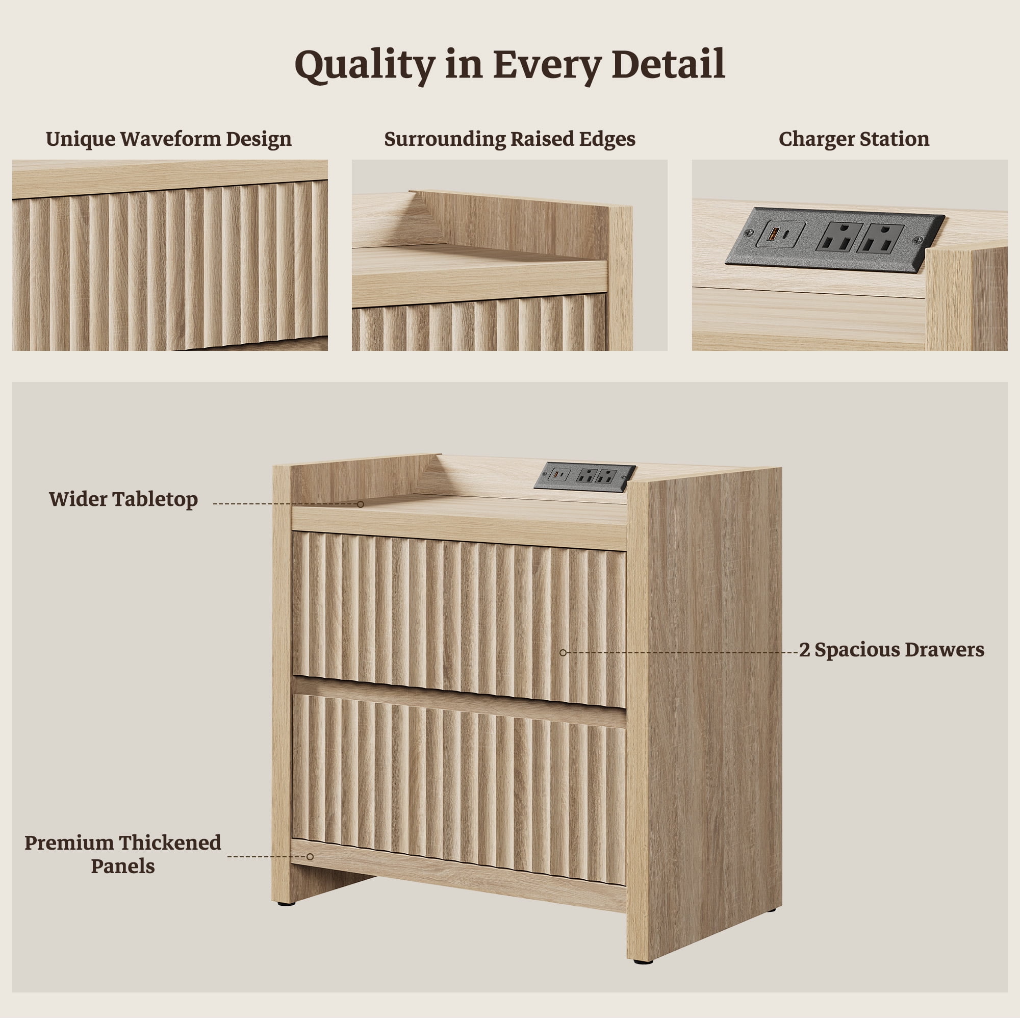SICOTAS 25.4" Wide Farmhouse Nightstand Set of 2 with 2 Drawer, Modern Beside Table with Minimalist Fluted Design & Handle-Less Storage Bed Side Table with Charging Station for Bedroom, Light Oak