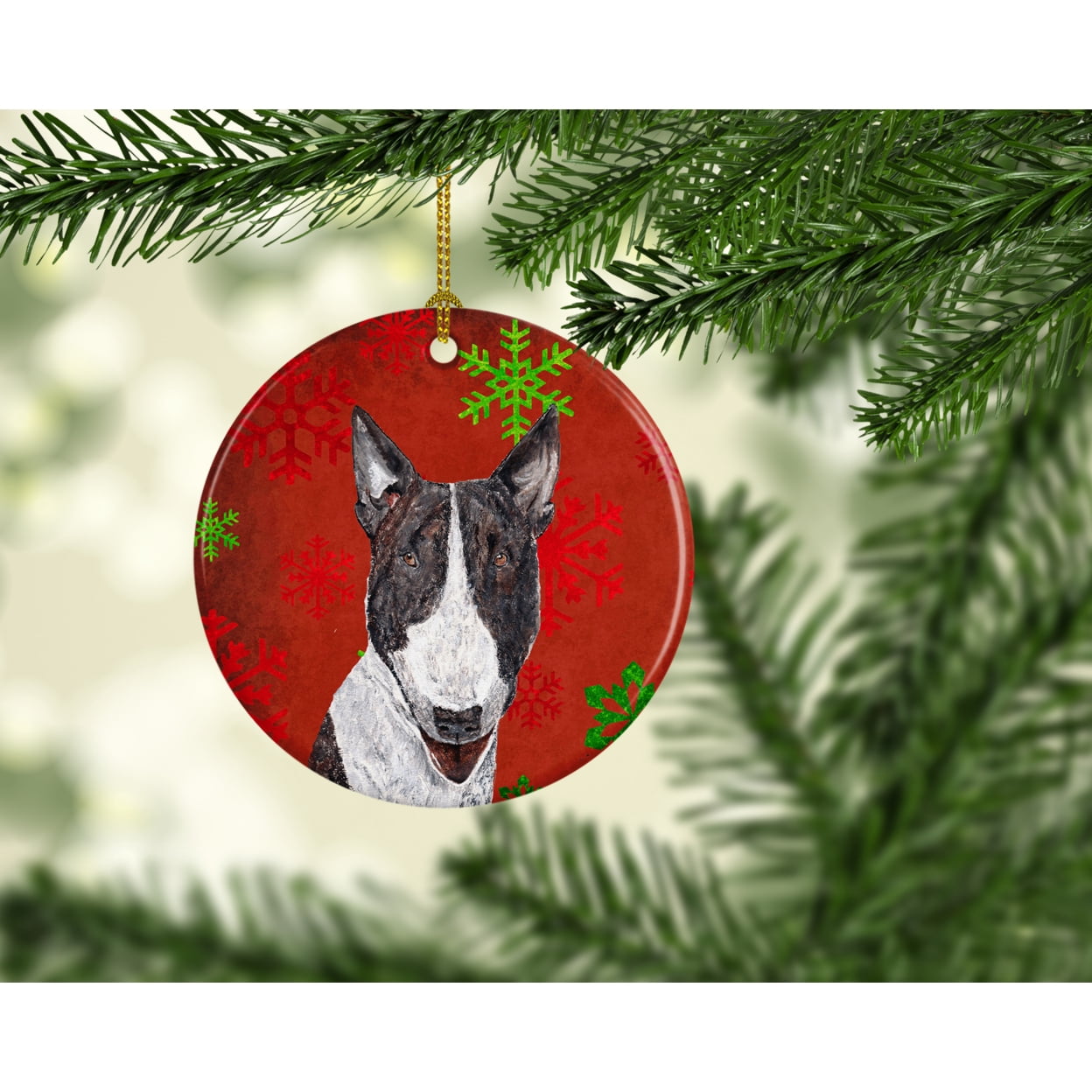 Bull Terrier Red Snowflakes Holiday Ceramic Ornament