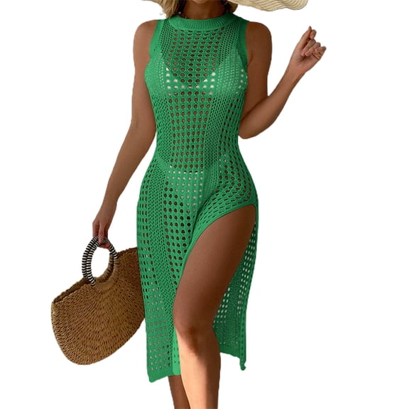 Jesscasday Women Split Bathing Suit Cover Up Sleeveless Bikinis Cover Up Crochet Beach-Dress Hollow Out Swimsuit Cover Up Beachwear