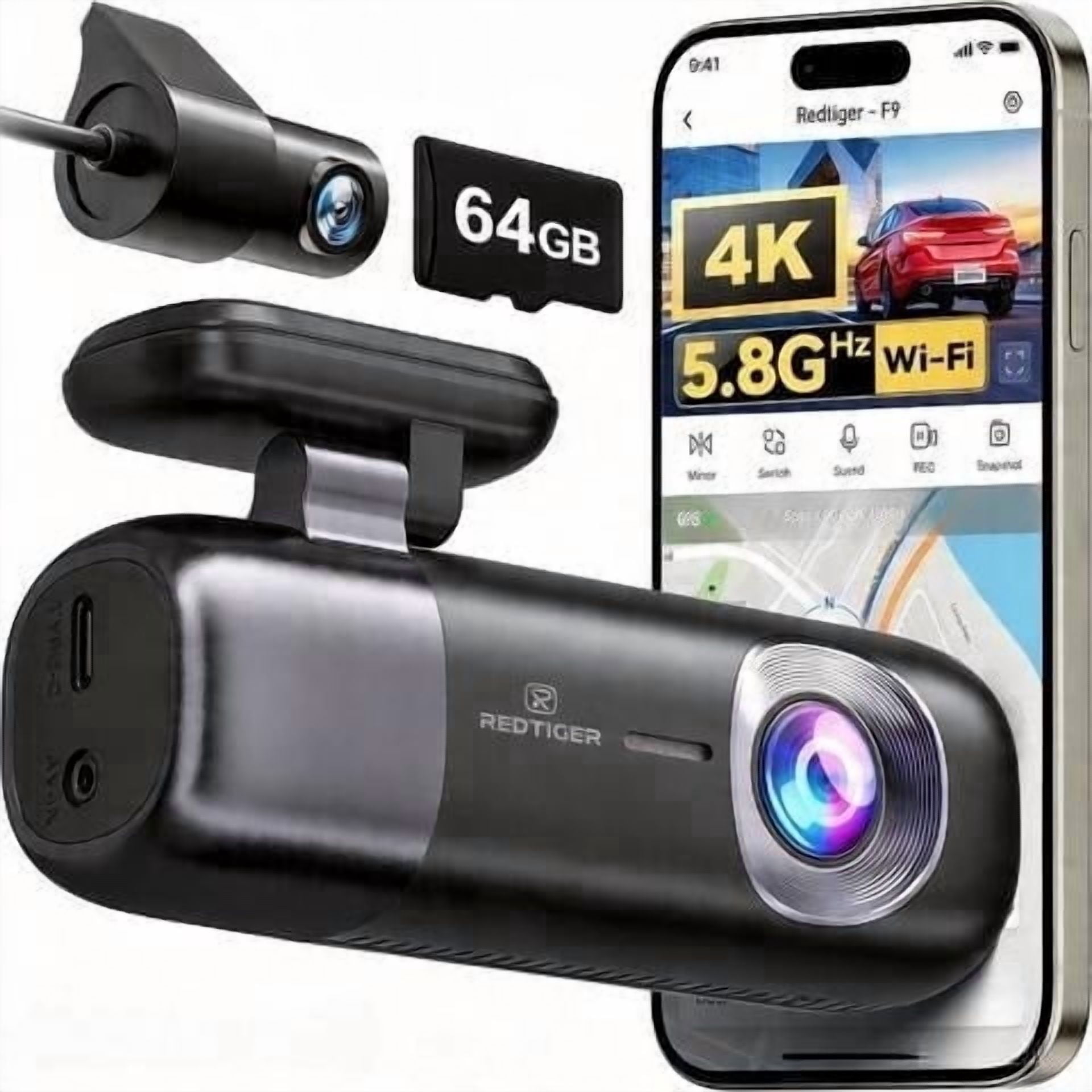 REDTIGER Dash Cam 4K Front and 1080P Rear ,5.8G WiFi GPS Car Camera with 64GB SD Card, Loop Recording, Night Vision, Parking Mode, Smart App Control, Support 256GB Max