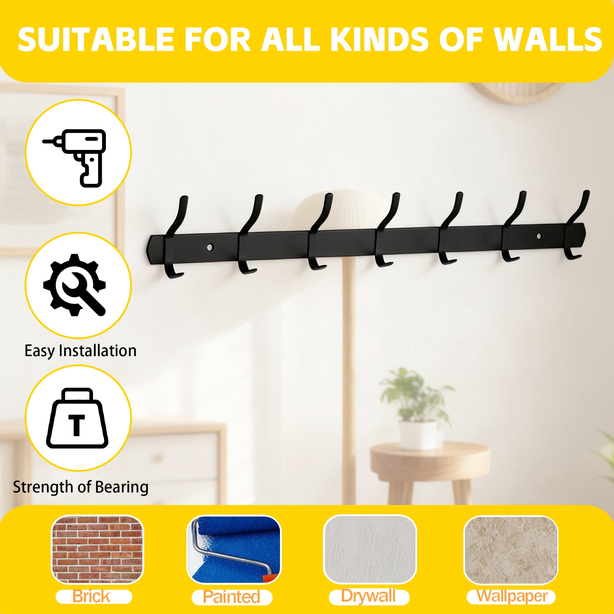 Coat Hooks with 7 Hooks, Double-headed Wall Hook Rack, Heavy Duty Coat Hanger Wall Mount for Entryway and Bedroom Bathroom