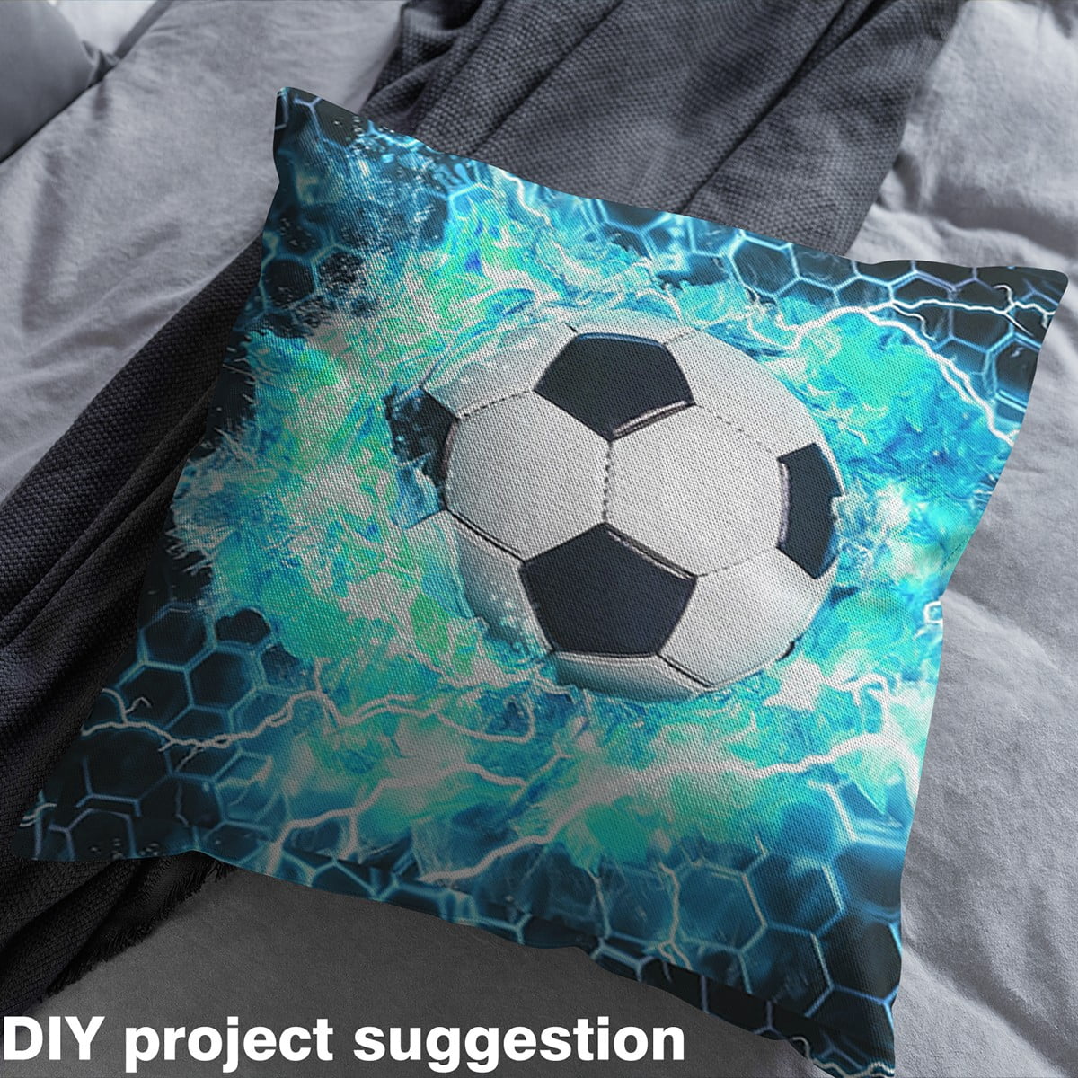 Feelyou 3D Football Kids Fabric by the Yard 10 Yards for Kid, Black Cyan Sewing Fabric, Honeycomb Geometric Home Decor Fabric by the Yard, Luxury Bedroom Decor