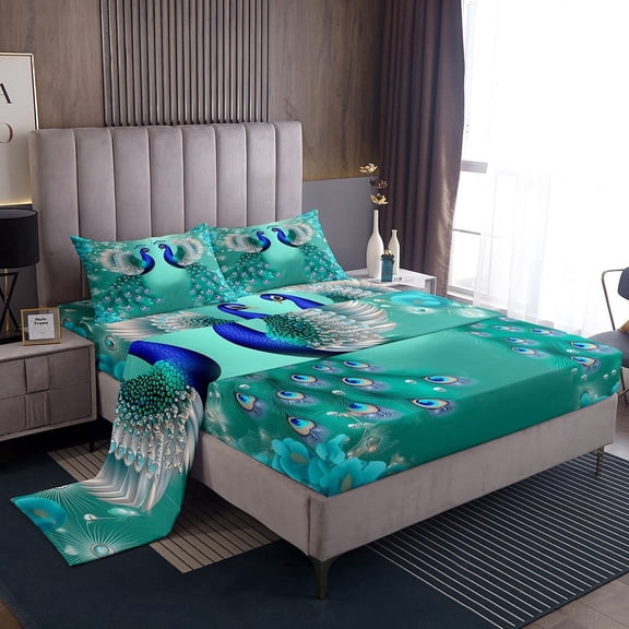 Erosebridal Turquoise Peacock Twin Sheet Sets, Vintage Flower Bedding Twin Size, Couple Animal Bed Sheets Twin, Microfiber Room Decor, 3-Piece