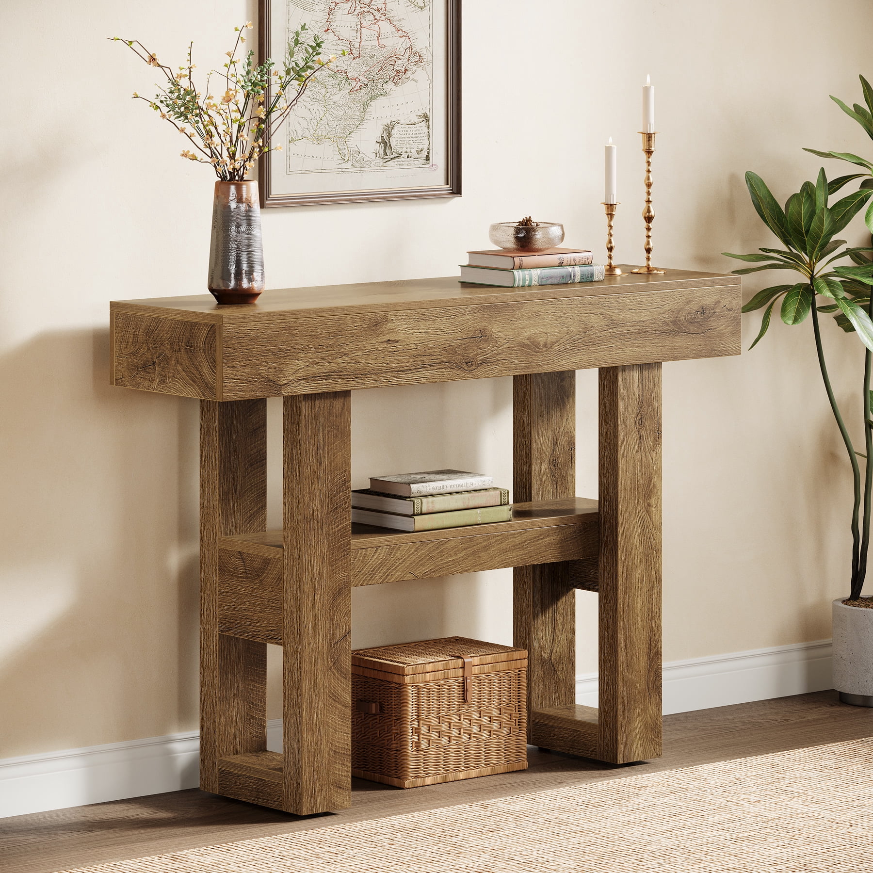 Tribesigns 41.34-Inch Farmhouse Console Table, 2-Tier Narrow Sofa Table Behind the Couch, Entryway Furniture with Storage Shelves for Living Room, Hallway, Foyer, Natural Brown