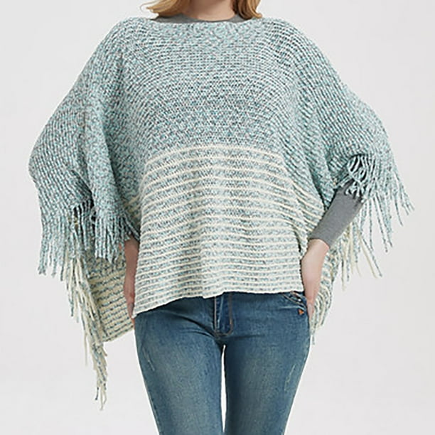 Capa para mujer, estilo europeo y americano, con borlas y chal, para primavera, otoño e invierno, con mangas de punto, suéter tipo pulóver, capa a rayas, chal para mujer.