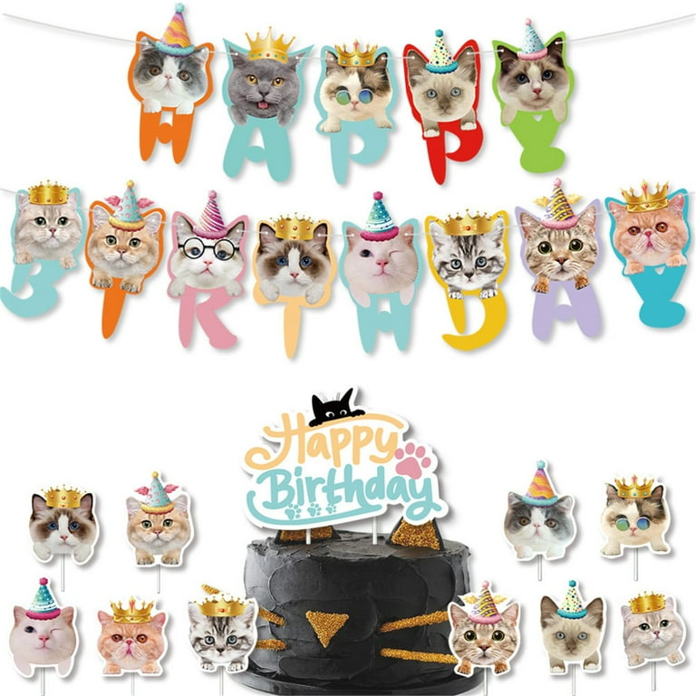 Cat Birthday Party Decorations Kit - Happy Birthday Banner With Cat Faces, Hanging Swirls, Backdrop Decor For Pet Theme Party
