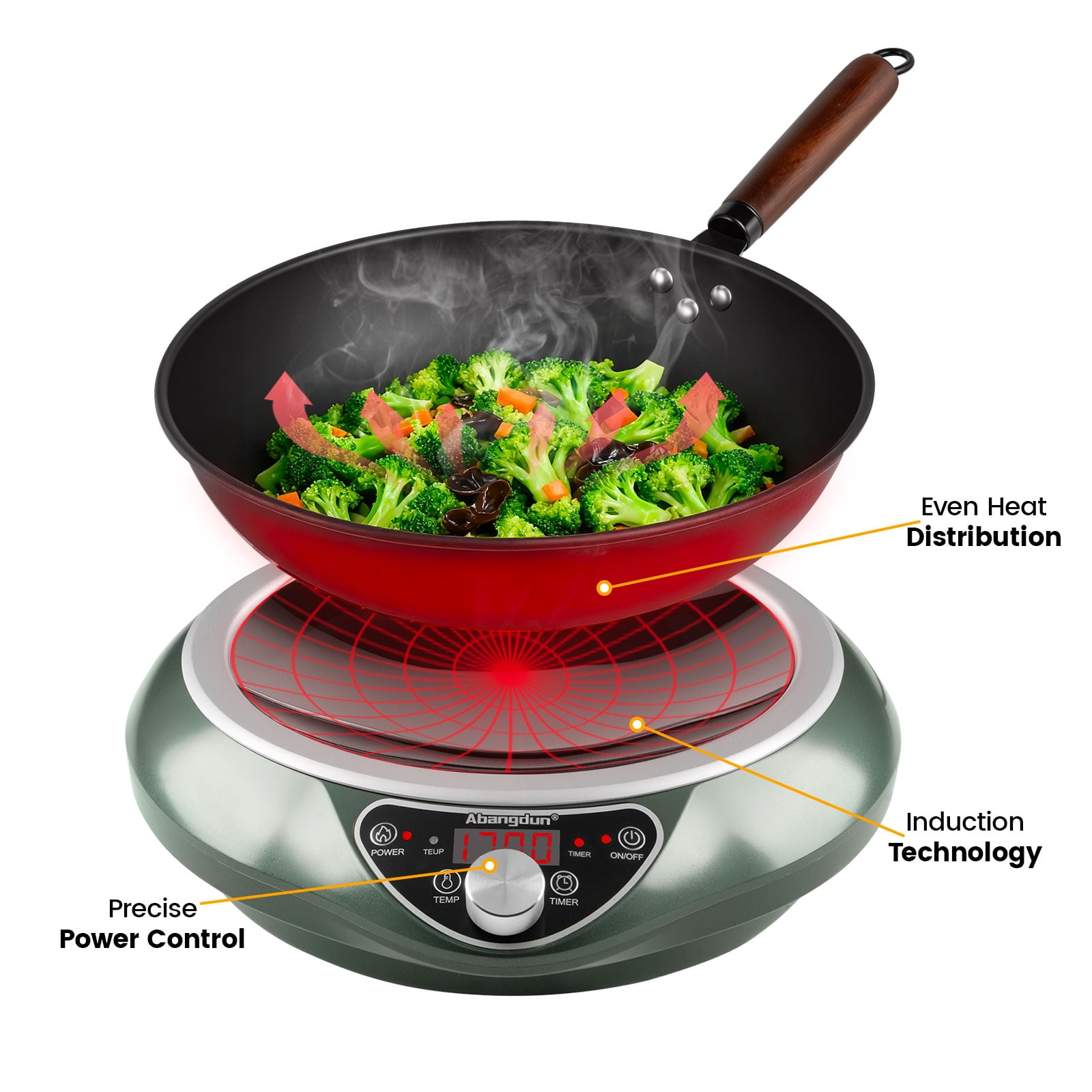 Abangdun 1700W 85V~120V Induction Cooktop Wok Burner 2026 New 1.97″ Deep Concave Curved Surface 16 level Power& Temp Ctrl Electric Stove Hot Plate Commercial Countertop Burner for Cooking Portable