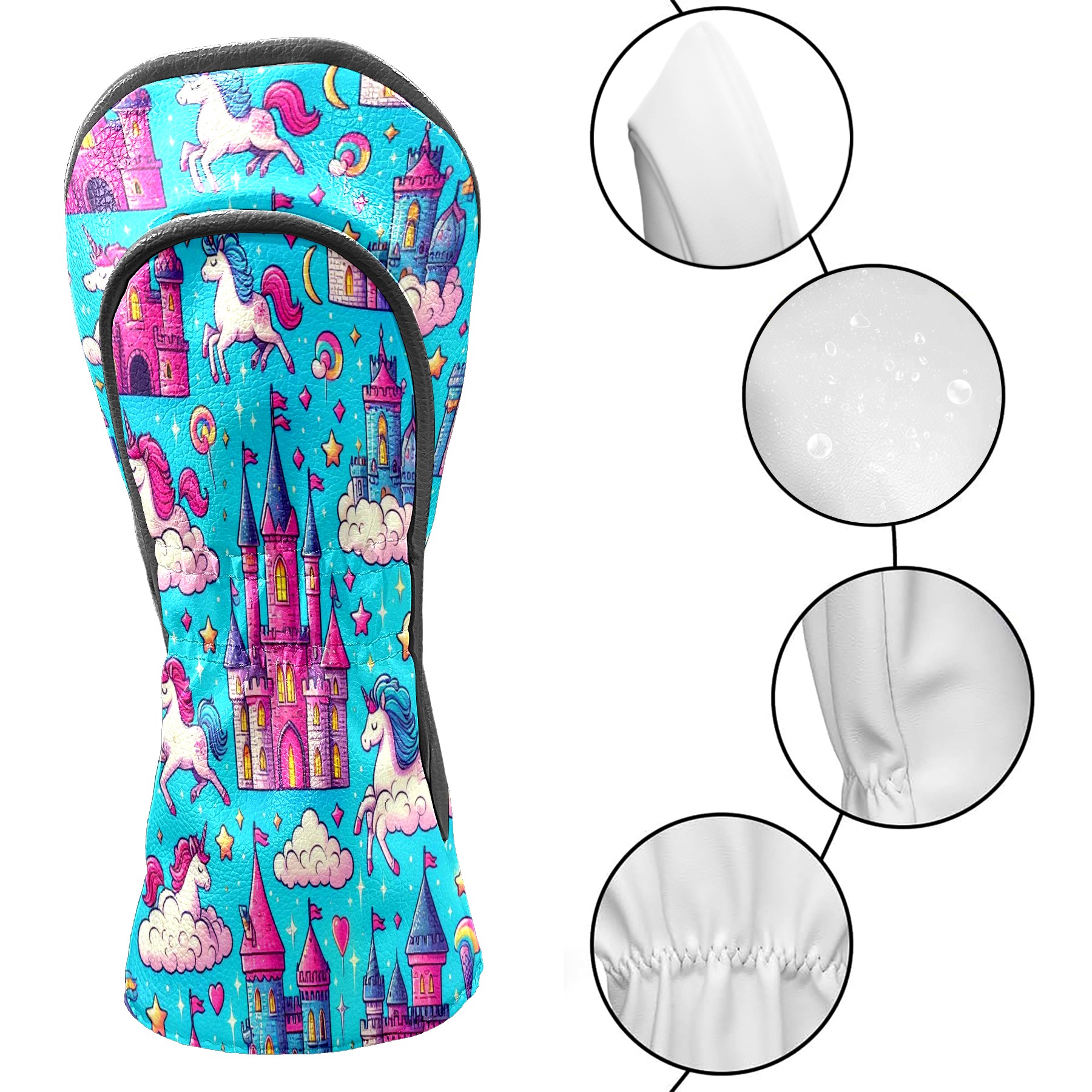 Golf Club Covers, Blue Unicorn Castle Premium PU Leather Driver Hybrid Putter Head Covers with Velvet Lining, Waterproof Golf Gifts for Men Women