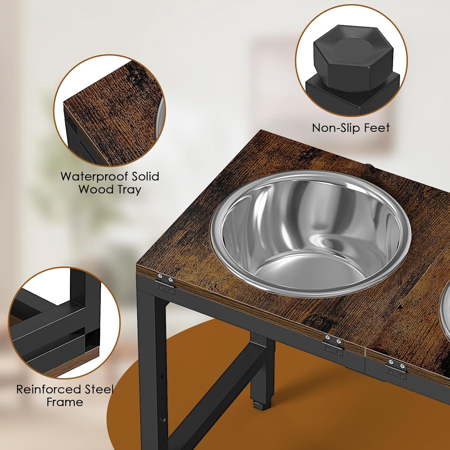 Flymer Adjustable Elevated Dog Bowls Stand for Large Dogs - 15'' to 20.5'' Height Triple Bowl Feeder with Wood Trays & Bowls (3500ML Capacity)