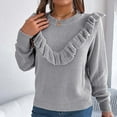 thumbnail image 1 of Suéter de cuello redondo para mujer, moda de invierno, informal, cuello redondo, elegante, color sólido, con volantes, manga larga, suéter, blusa de poliéster para mujer, 1 of 9