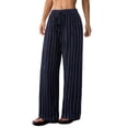 thumbnail image 3 of Women's Striped High Waist Drawstring Wide Leg Loose Casual Trousers with Pockets Navy Blue L, 3 of 9