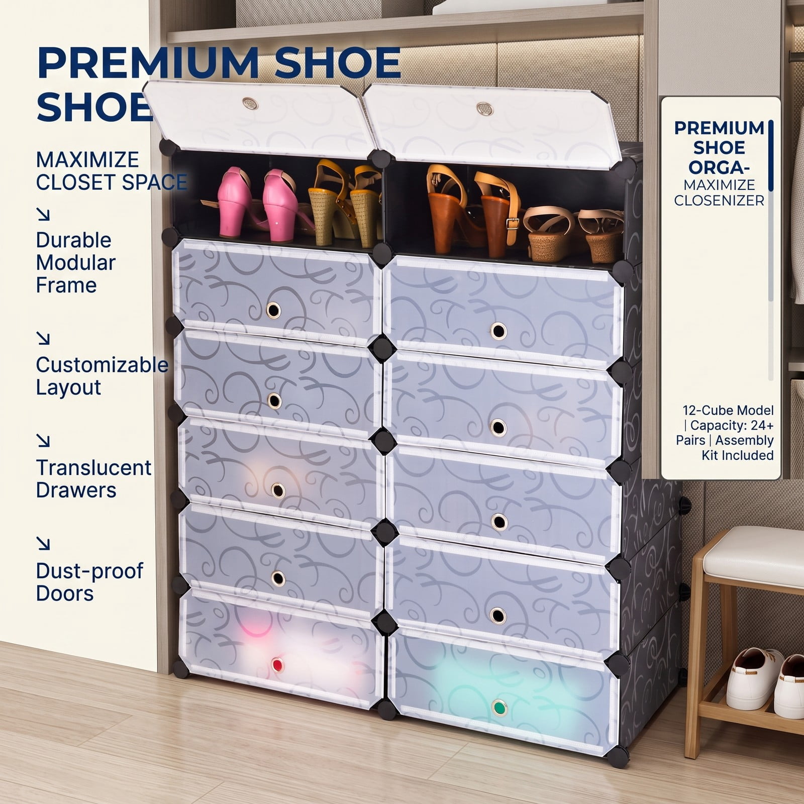 Furnibear 12-Cube DIY Shoe Rack Cabinet with Transparent Flip Doors and Ventilation Holes for Entryway Closet and Bedroom Storage, White