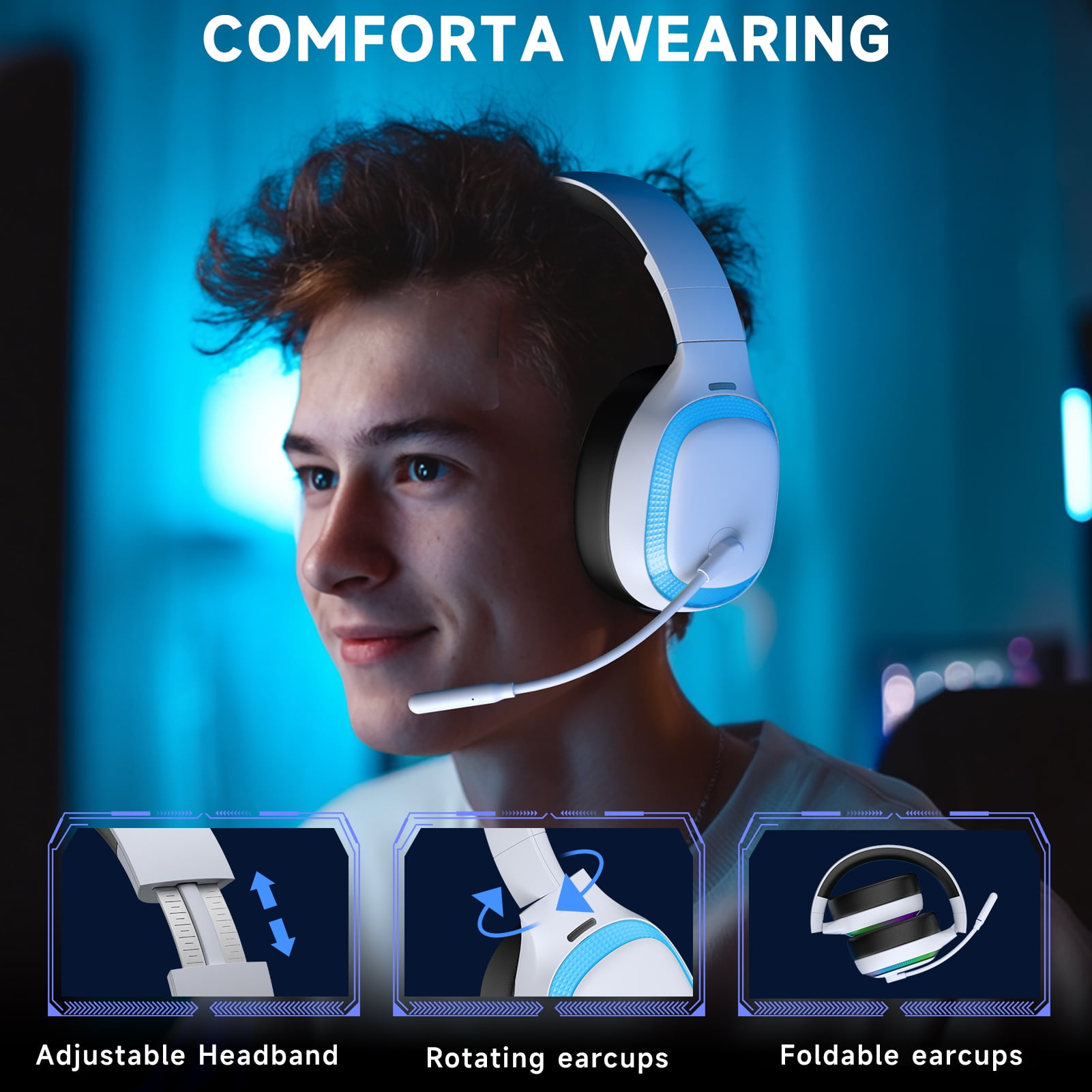 Ecomoment Wireless Gaming Headset for PS5, PC,Switch,Mac with Bluetooth 5.4, 2.4GHz USB PS5 Headset with Mic,Gaming Headphones with RGB Light, 70H Battery Life,White&blue/
