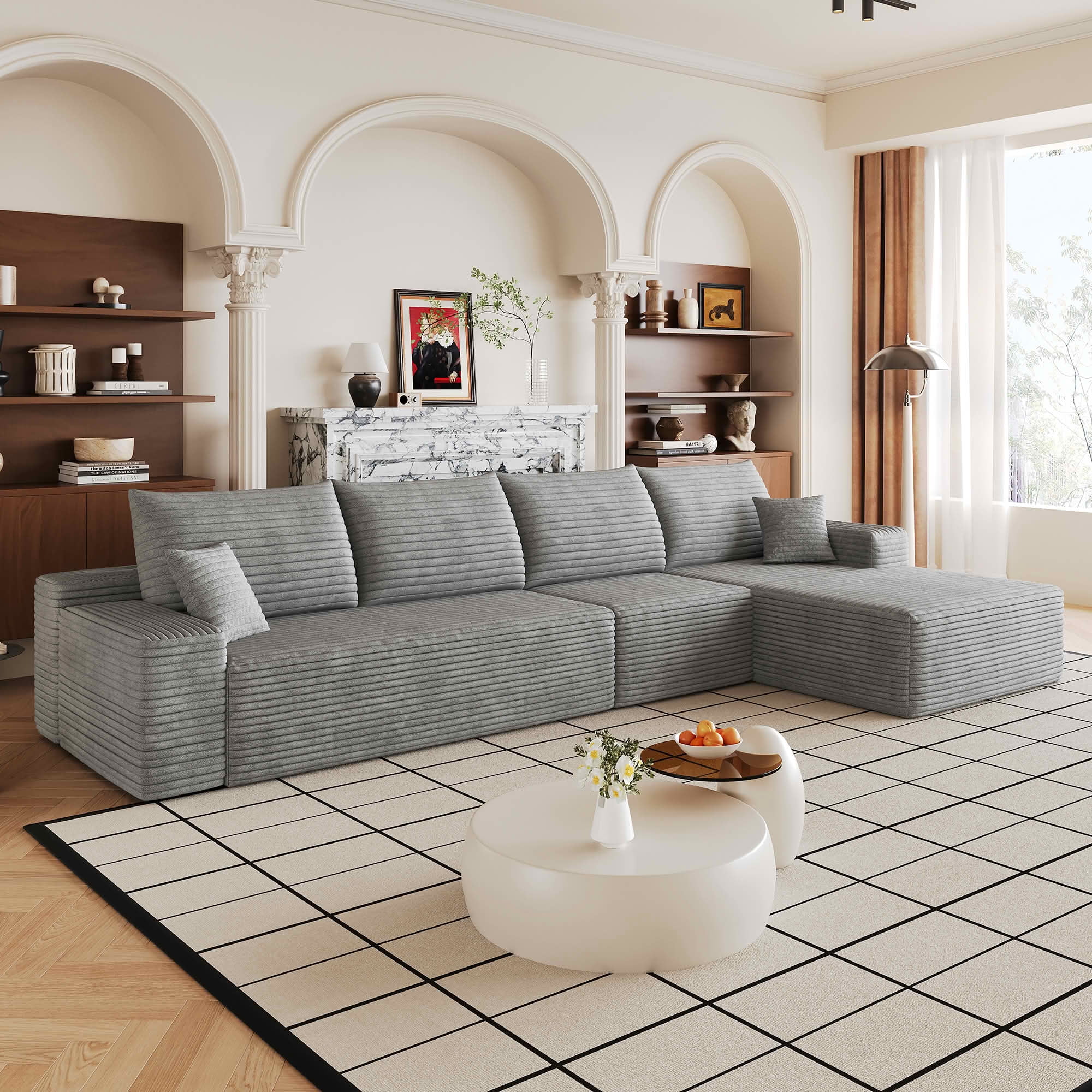 MAYEERTY 135-Inch Gray Plush Corduroy 4-Seat L-Shaped Cloud Modular Sectional Sofa, Deep Seat Couch with Chaise No Assembly Required