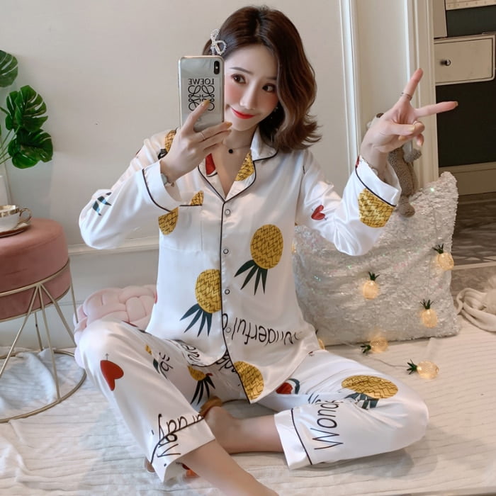 DanceeMangoo Long Sleeve Silk Pajamas Spring Autumn Women Pajama Sets Print  Cute Sleepwear Pyjamas 3XL 4XL 5XL 85kg Nightwear