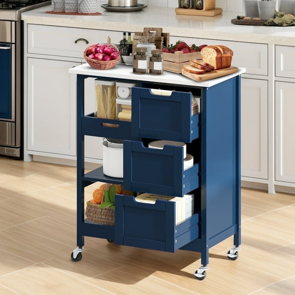 ModFusion 33" Portable Serving Cart – Folding 3-Drawer Cabinet with Wood Top & Lockable Wheels