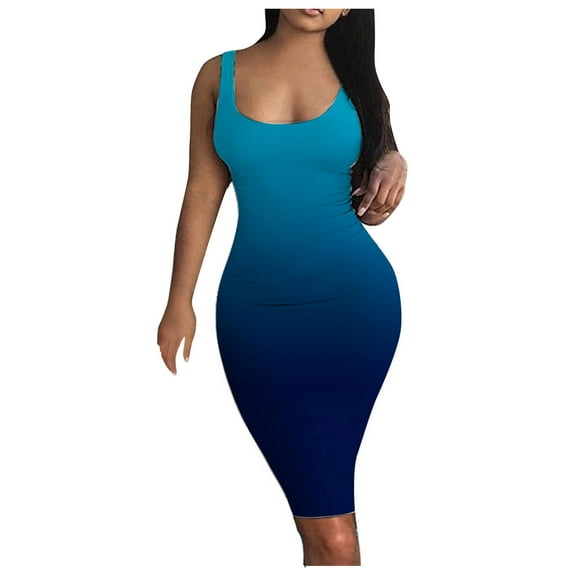 USSUMA Boho Dress for Women, Women's Sexy Bodycon Tank Dress Sleeveless Ombre Basic Midi Club Dresses Casual Summer Dresses