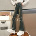 thumbnail image 4 of UQJfacai Girls Flare Jeans Teen Bell Bottom Denim Pants Kids Flared Cute Bootcut High Elastic Waist Trousers with Pockets 5-15 Years, 4 of 9