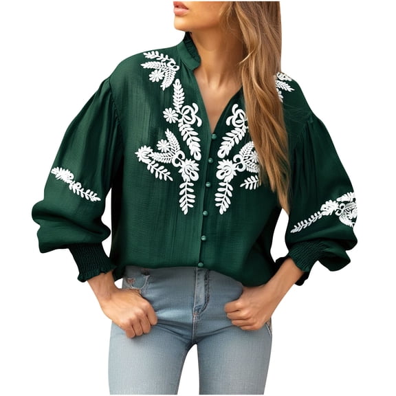 lulshou Women's Embroidered Floral Button Down Cardigan Long Sleeve Casual Open Front Shirt, Green, L