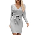 thumbnail image 2 of Offres de Liquidation d'Automne! Robes pour Femmes, Mode Décontractée Aguichant Col en V Tricoté Sac Hanche Couleur Unie Manches Longues Robe Grise G, 2 of 7
