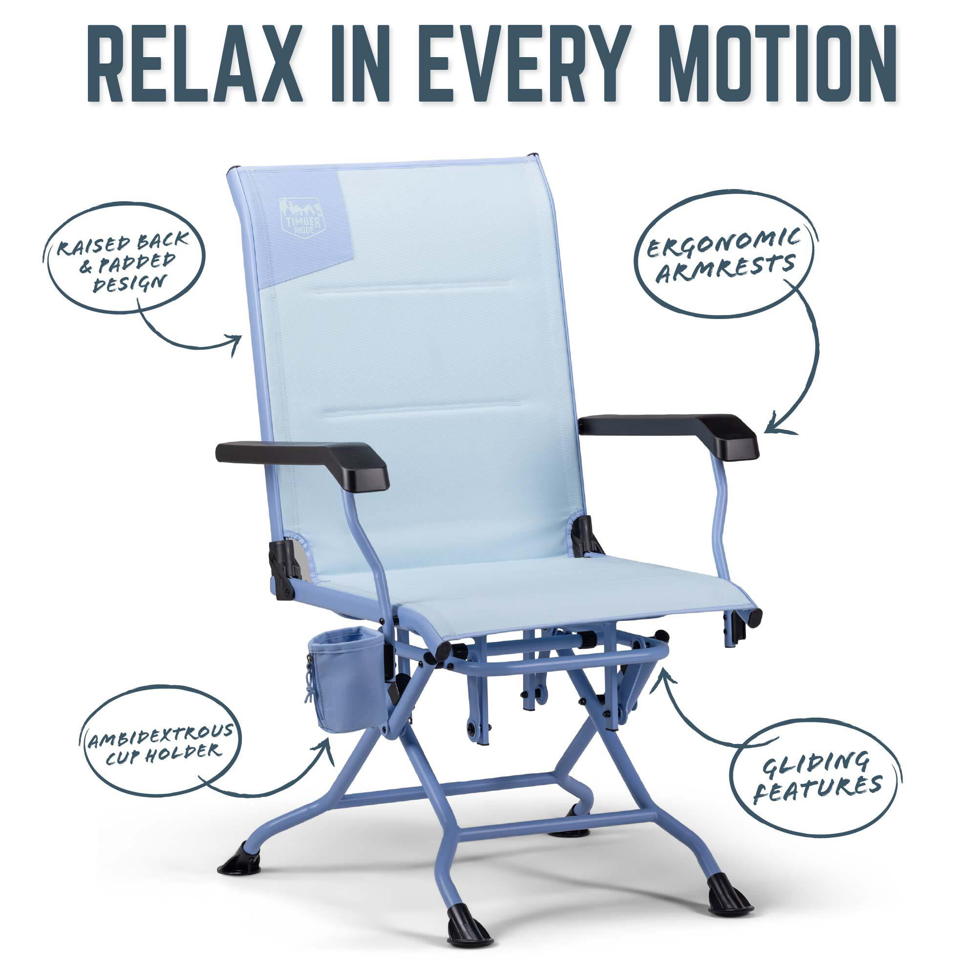 Timber Ridge MELO™ Glider Camping Chair, Folding Outdoor Glider with Cup Holder, Coastal Mist